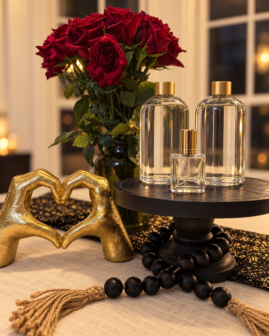 Notes of Self perfume display with red roses and gold accents
